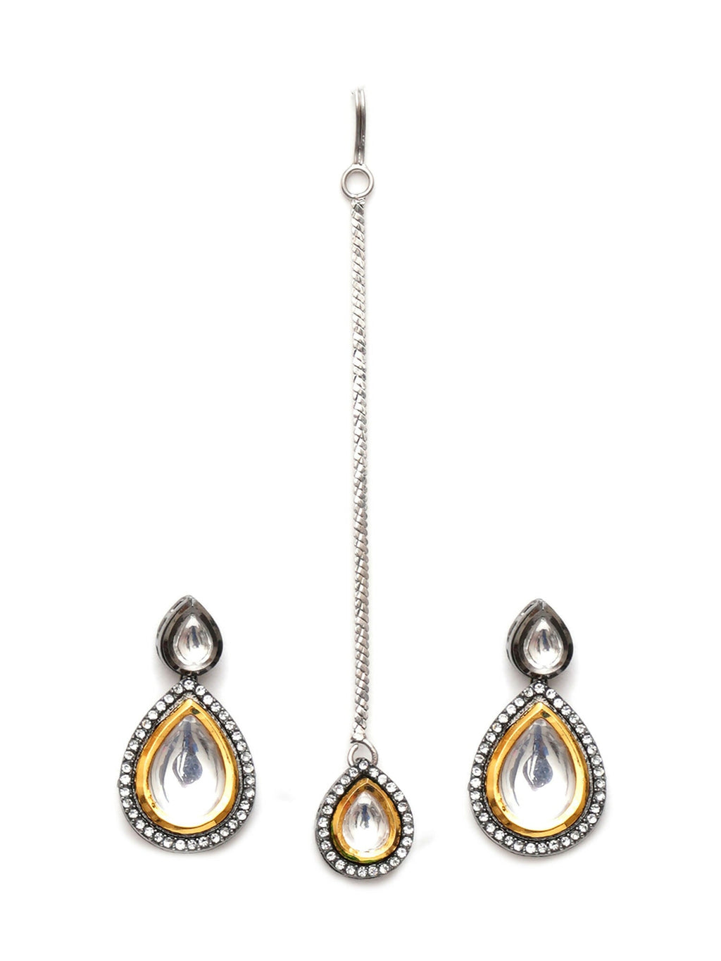 Tear Drop Dual Tone Kundan Maang Tikka with Earrings Jewellery Set (silver) - Ruby Raang