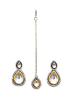 Tear Drop Dual Tone Kundan Maang Tikka with Earrings Jewellery Set (silver) - Ruby Raang