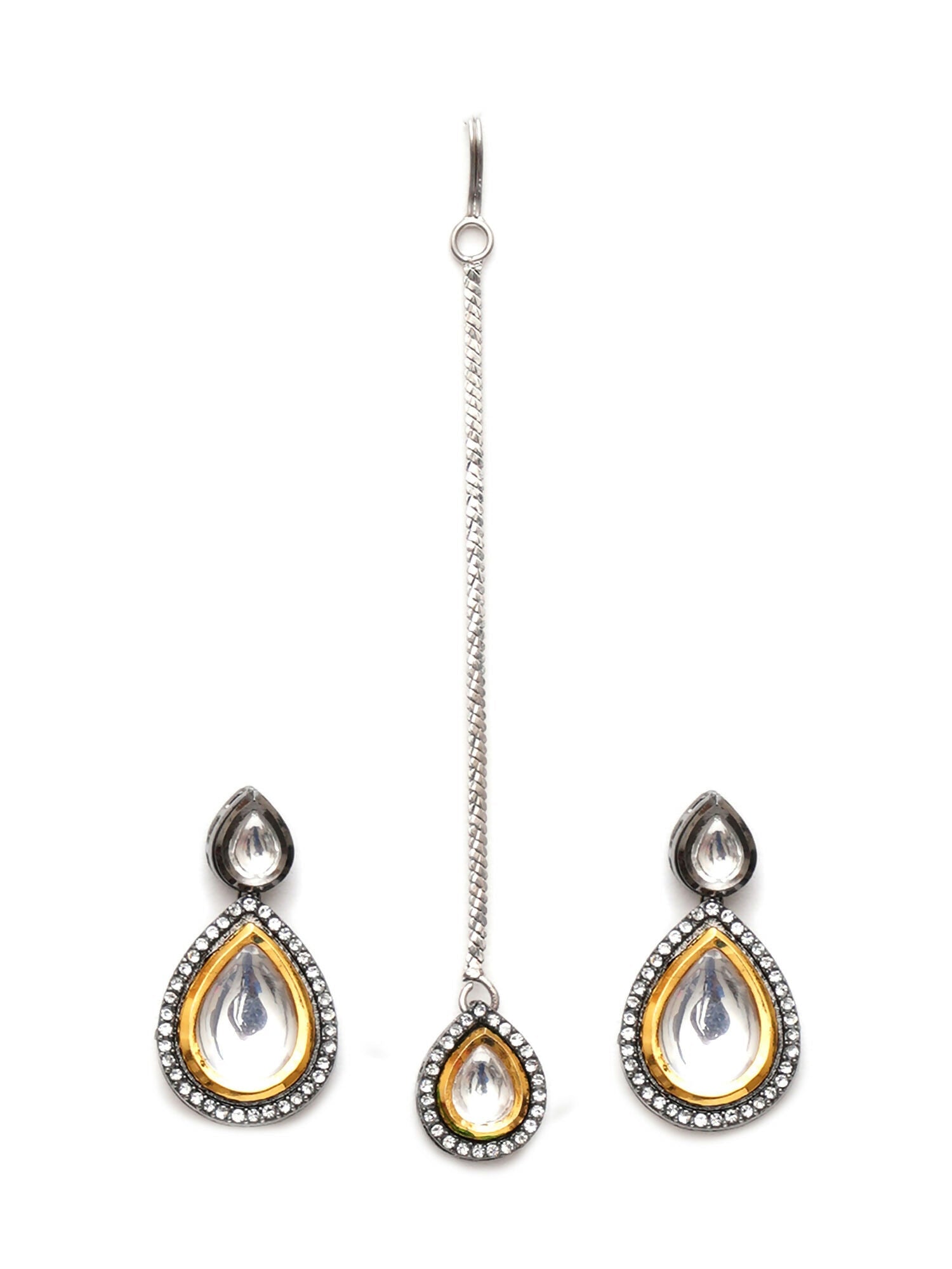 Tear Drop Dual Tone Kundan Maang Tikka with Earrings Jewellery Set (silver) - Ruby Raang