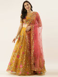 House of Panchhi Mustard Net Semi stitched Coding, Sequins & Saroski Stone Work Lehenga Choli