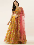 House of Panchhi Mustard Net Semi stitched Coding, Sequins & Saroski Stone Work Lehenga Choli