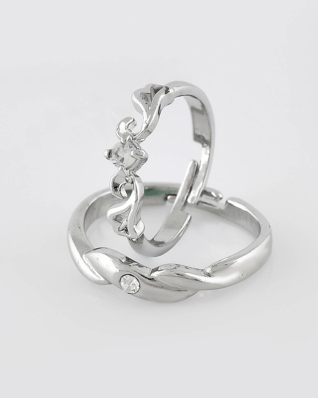 VOJ Stainless Steel Cubic Zirconia Silver Plated Adjustable Ring Set for Couple