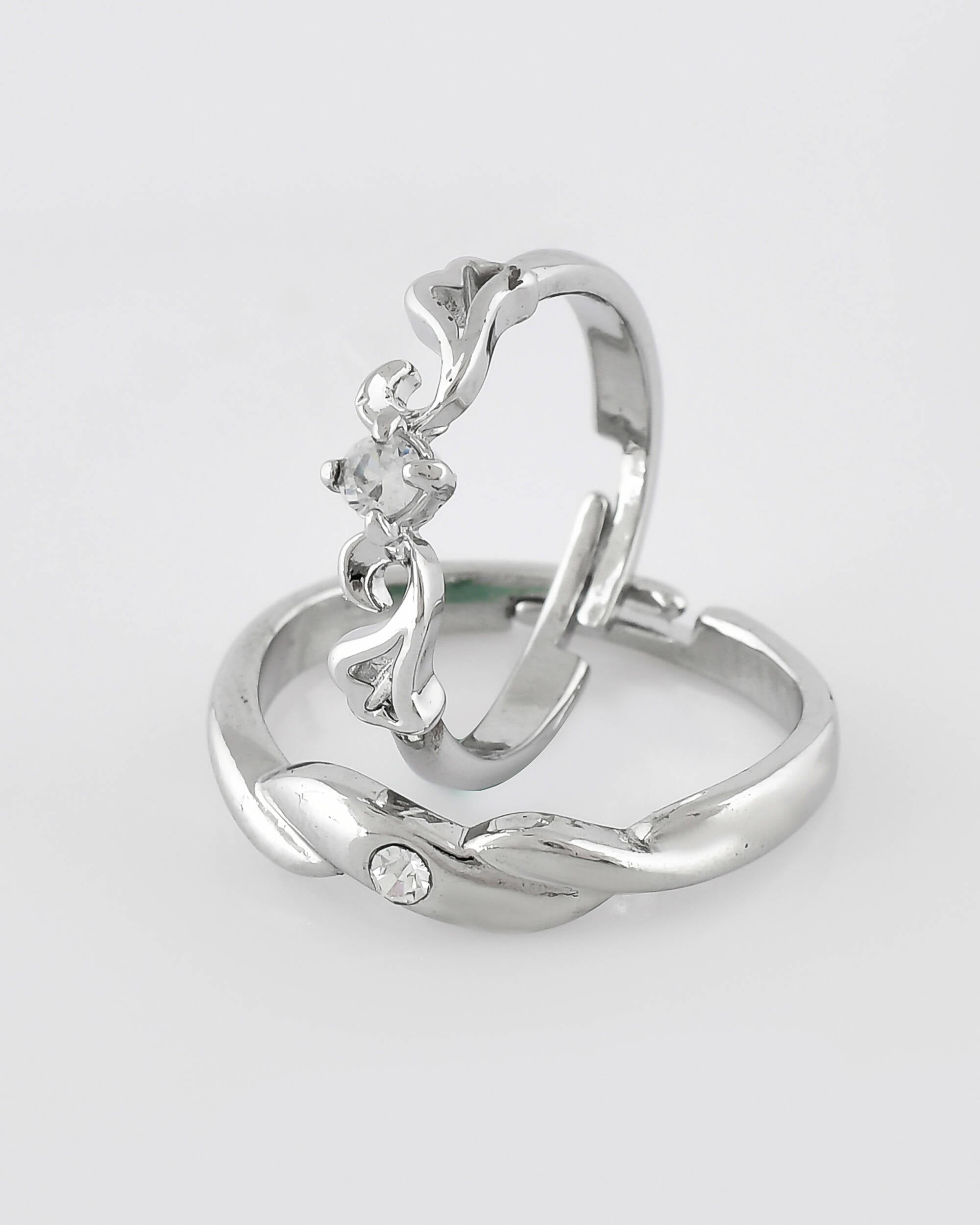 VOJ Stainless Steel Cubic Zirconia Silver Plated Adjustable Ring Set for Couple
