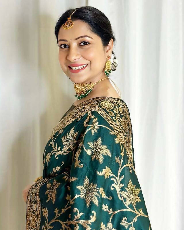DEIANA'S Beautiful Designer Golden zari Soft Lichi Silk Saree - Teal