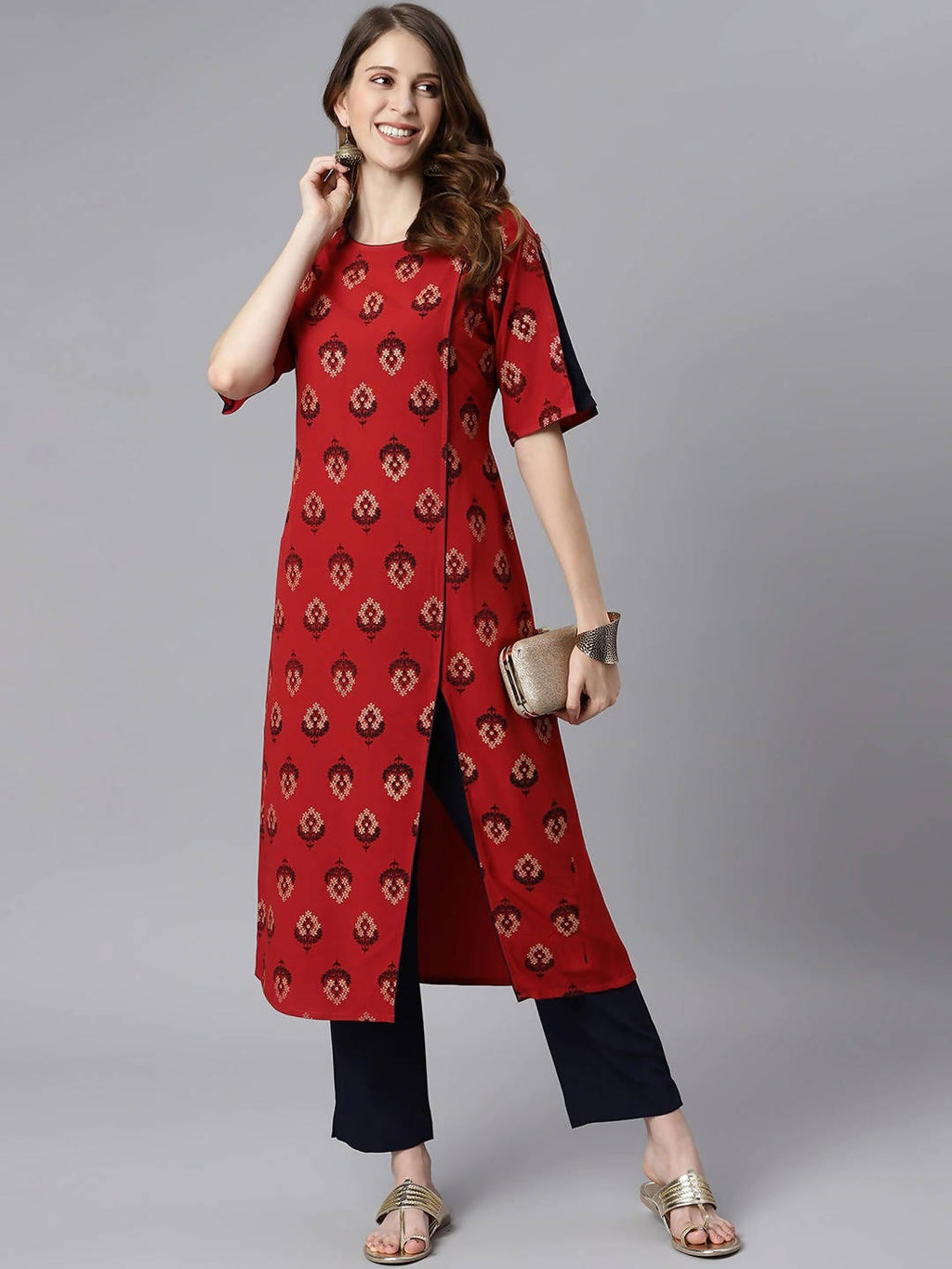 Janasya Maroon & Navy Blue Ethnic Motifs Printed Kurta with Trousers - Distacart