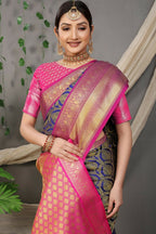 Jyoti Fashion Women's Navy Blue Kanjivaram Silk Zari Woven Saree with Blouse