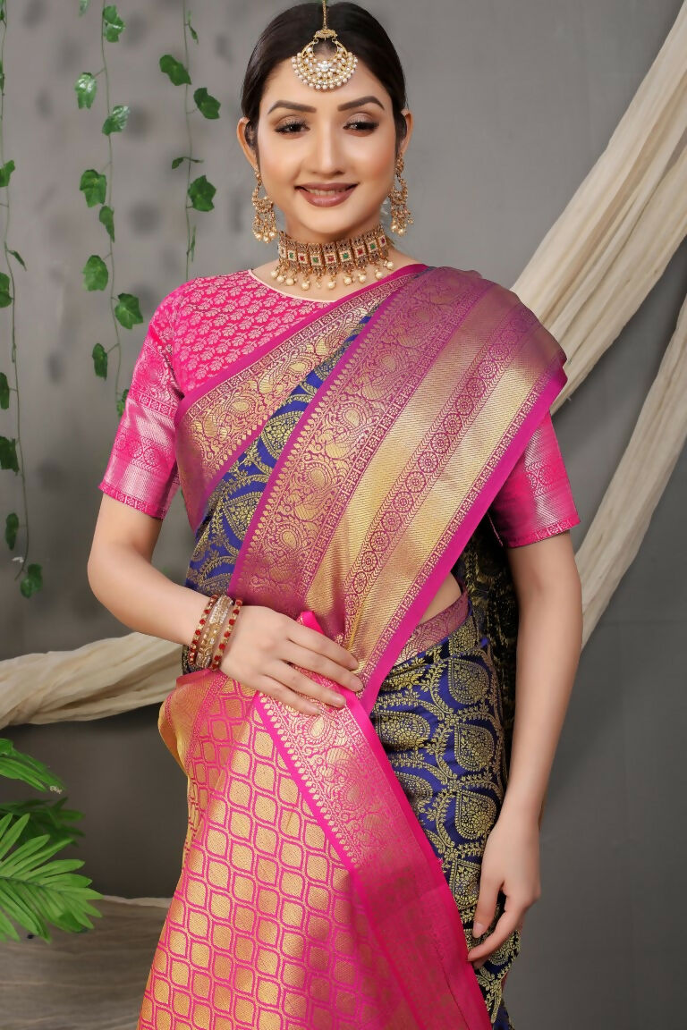 Jyoti Fashion Women's Navy Blue Kanjivaram Silk Zari Woven Saree with Blouse