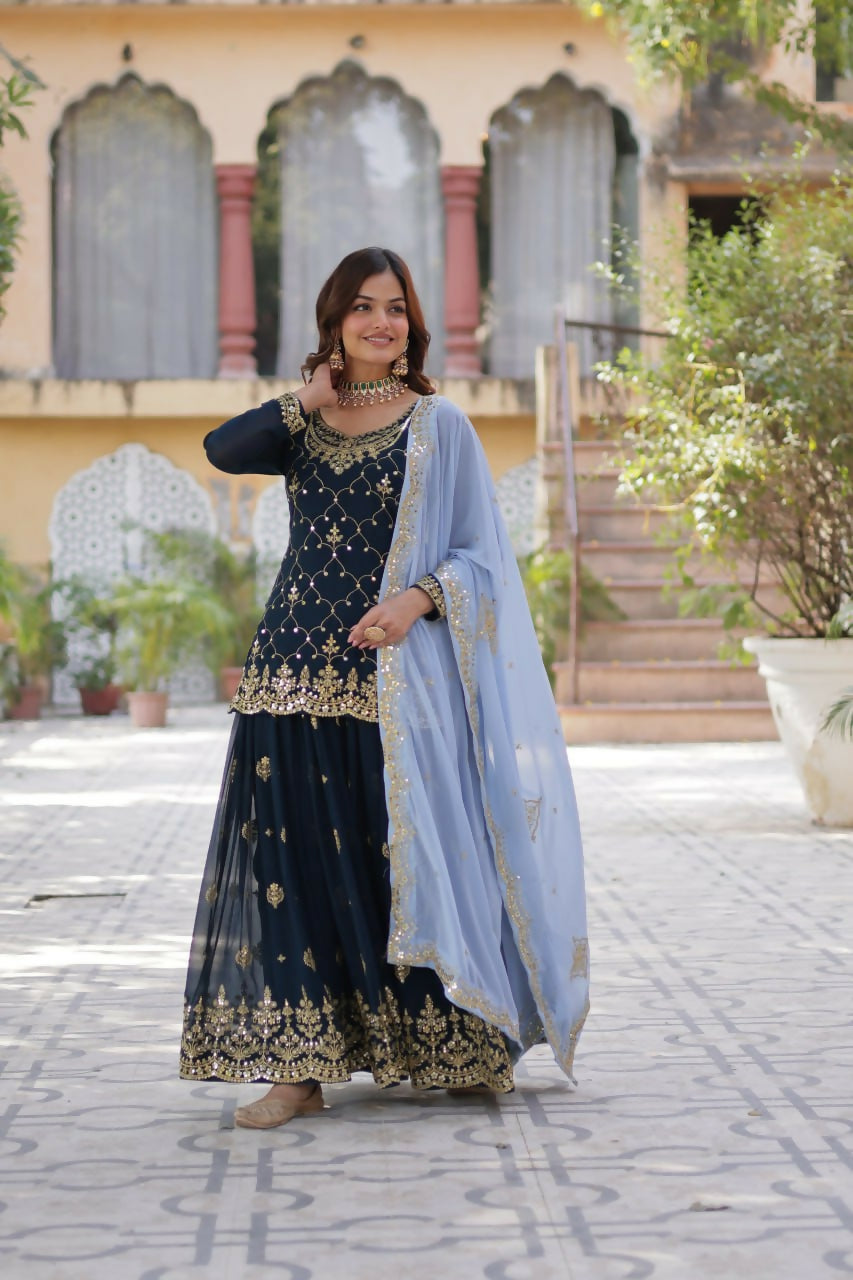 Vastranavya Faux Blooming with Sequins Embroidered Kurti, Palazzo & Dupatta - Teal