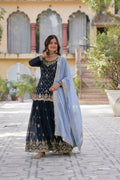 Vastranavya Faux Blooming with Sequins Embroidered Kurti, Palazzo & Dupatta - Teal