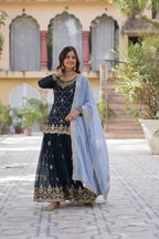 Vastranavya Faux Blooming with Sequins Embroidered Kurti, Palazzo & Dupatta - Teal
