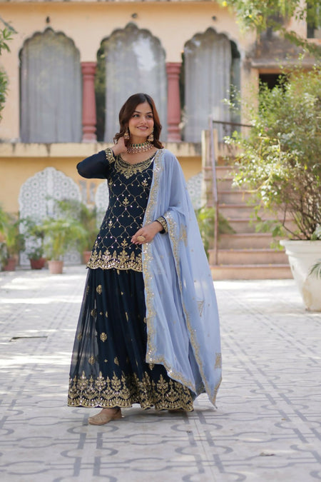 Vastranavya Faux Blooming with Sequins Embroidered Kurti, Palazzo & Dupatta - Teal