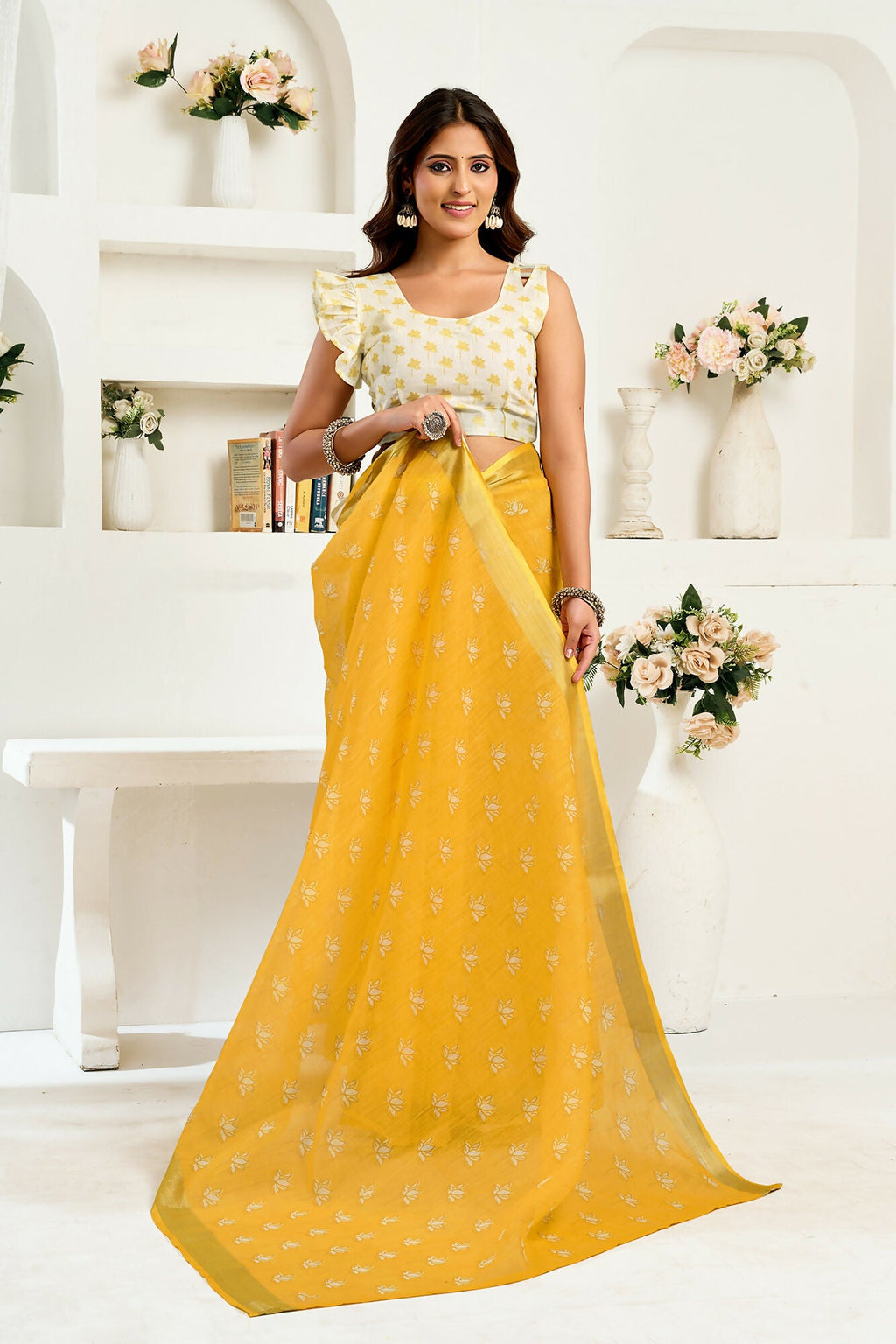Vastranavya Yellow Digital Printed Linen Ready To Wear Designer Saree with Unstitched Blouse - Distacart