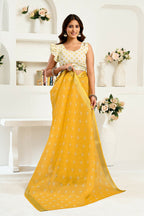 Vastranavya Yellow Digital Printed Linen Ready To Wear Designer Saree with Unstitched Blouse - Distacart