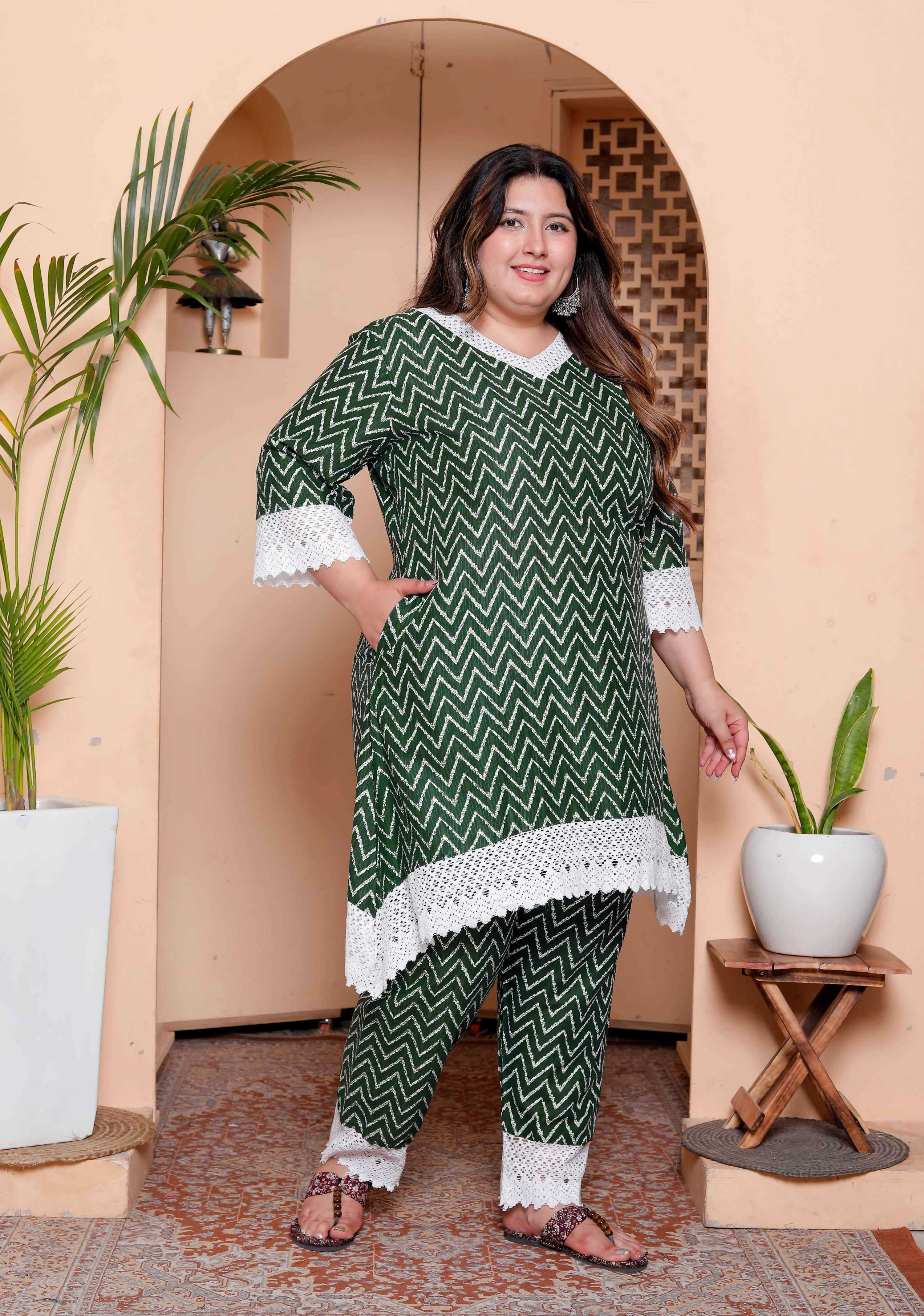 Miravan Womens Plus Size Green Rayon Zigzag Print Kurta with Palazzo set - Distacart