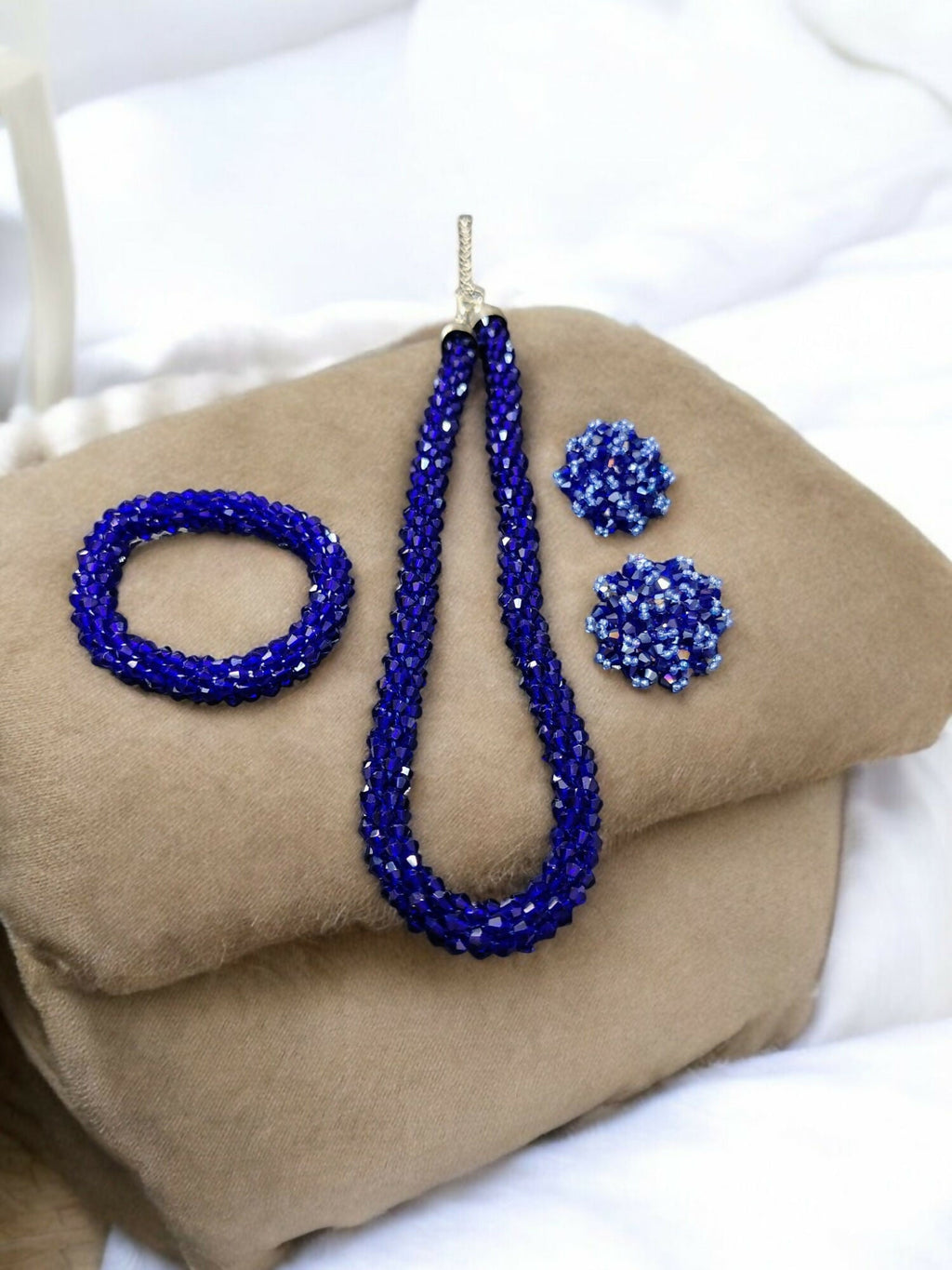 Inhanns Complete Look Crystal Statement 3-Piece Set (Adjustable Necklace + Earrings + Adjustable Bangle ) - Blue