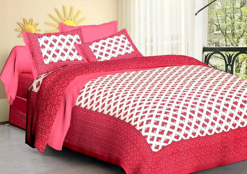 Vamika Printed Cotton White & Pink Bedsheet With Pillow Covers (LEOC_BRFI_P)