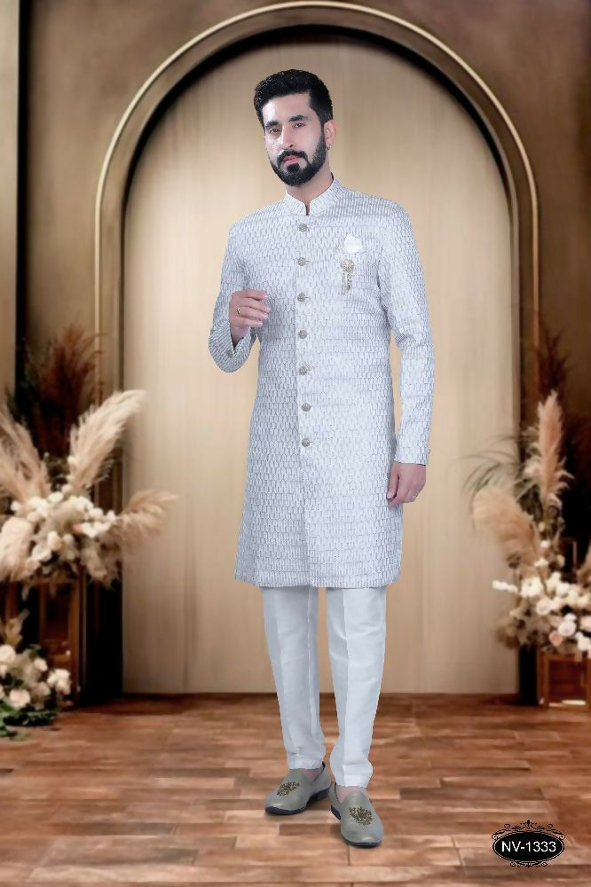 Joban Fashion Men's Grey & White Cotton Silk Kurta with Pyjama