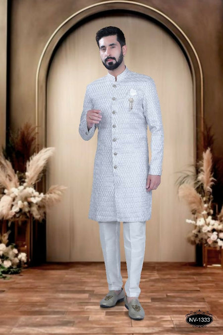 Joban Fashion Men's Grey & White Cotton Silk Kurta with Pyjama