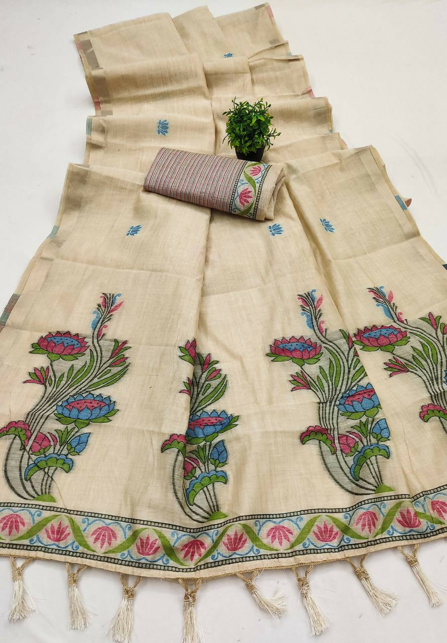 Vastranavya Cream Muga Cotton Meenakari & Azarakh Pallu Saree with Contrast Blouse - Distacart