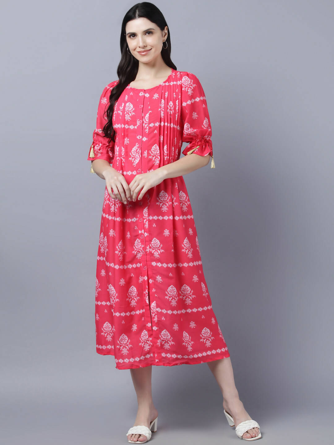 Myshka Women's Pink White Ethnic Motifs Printed Maxi Dress - Distacart