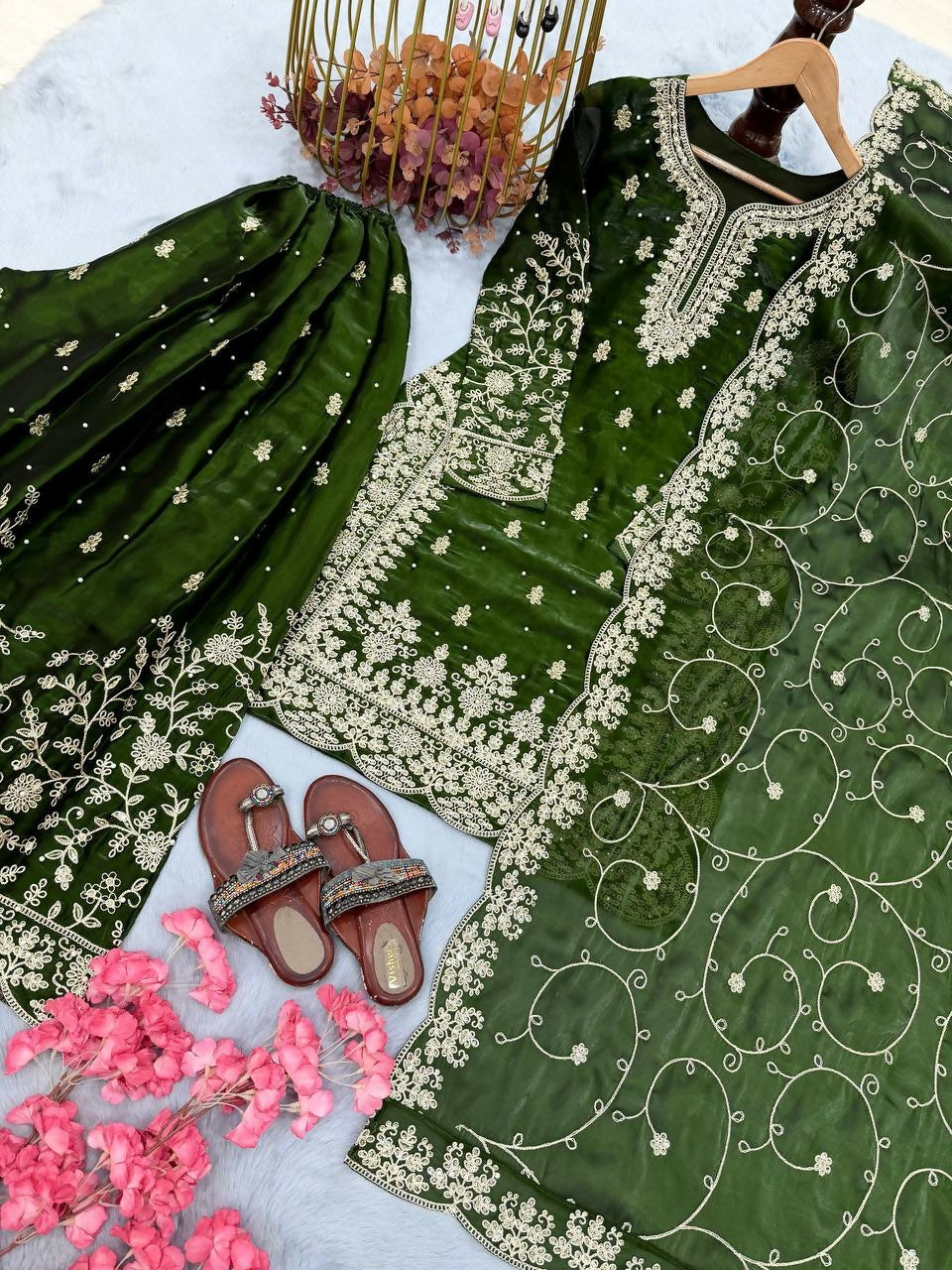 Teeya Creation Green Pure Silk Gimmy Silk Heavy Embroidery Work Wedding Wear Palazzo Pair - Distacart