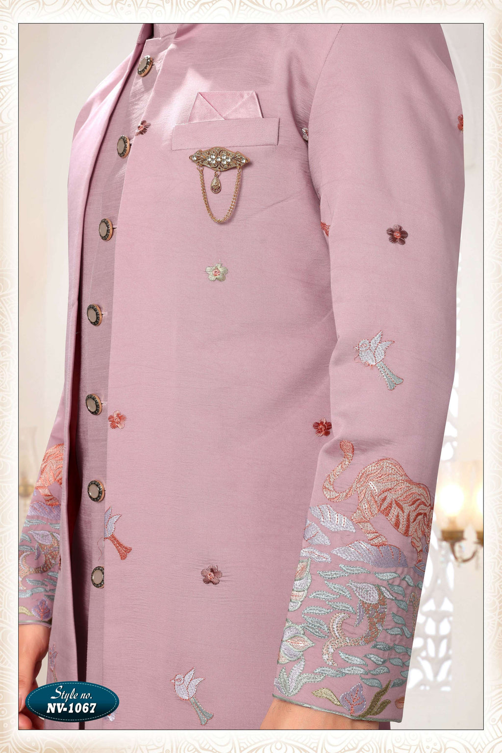 Joban Fashion Men's Pink Straight Silk Thread And Sequence Embroidery All Over 3 Pc Kurta Set