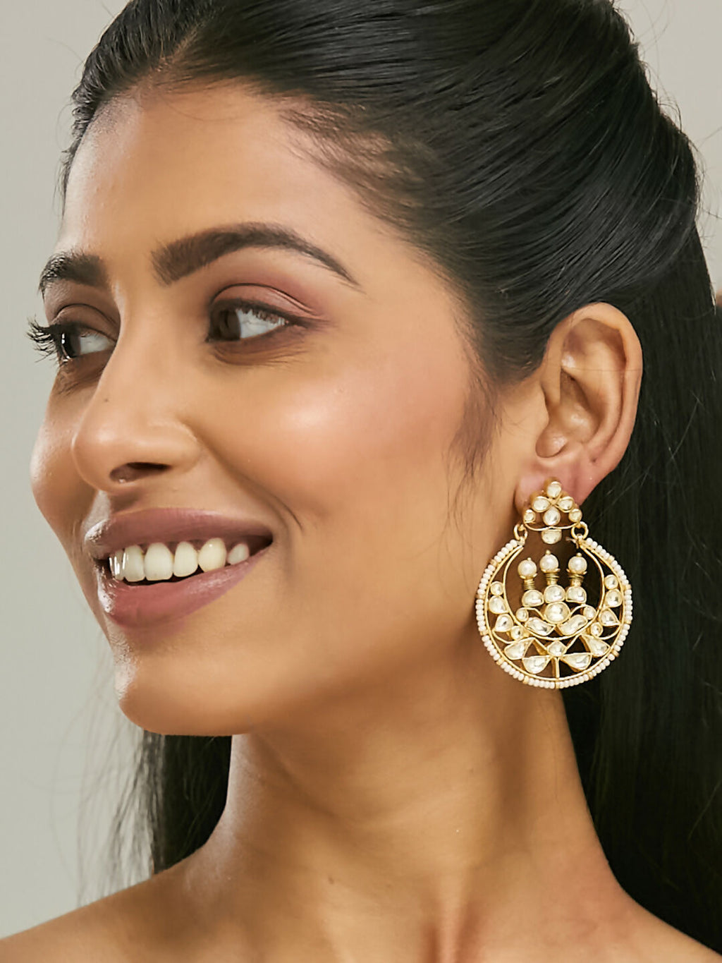 Nuyug 22K Gold-Plated Elegant Kundan Stone Studded & Pearl Beaded Chandbalis - Distacart