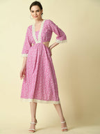 Myshka Women's Pink Floral Printed Fit and Flare Dress - Distacart