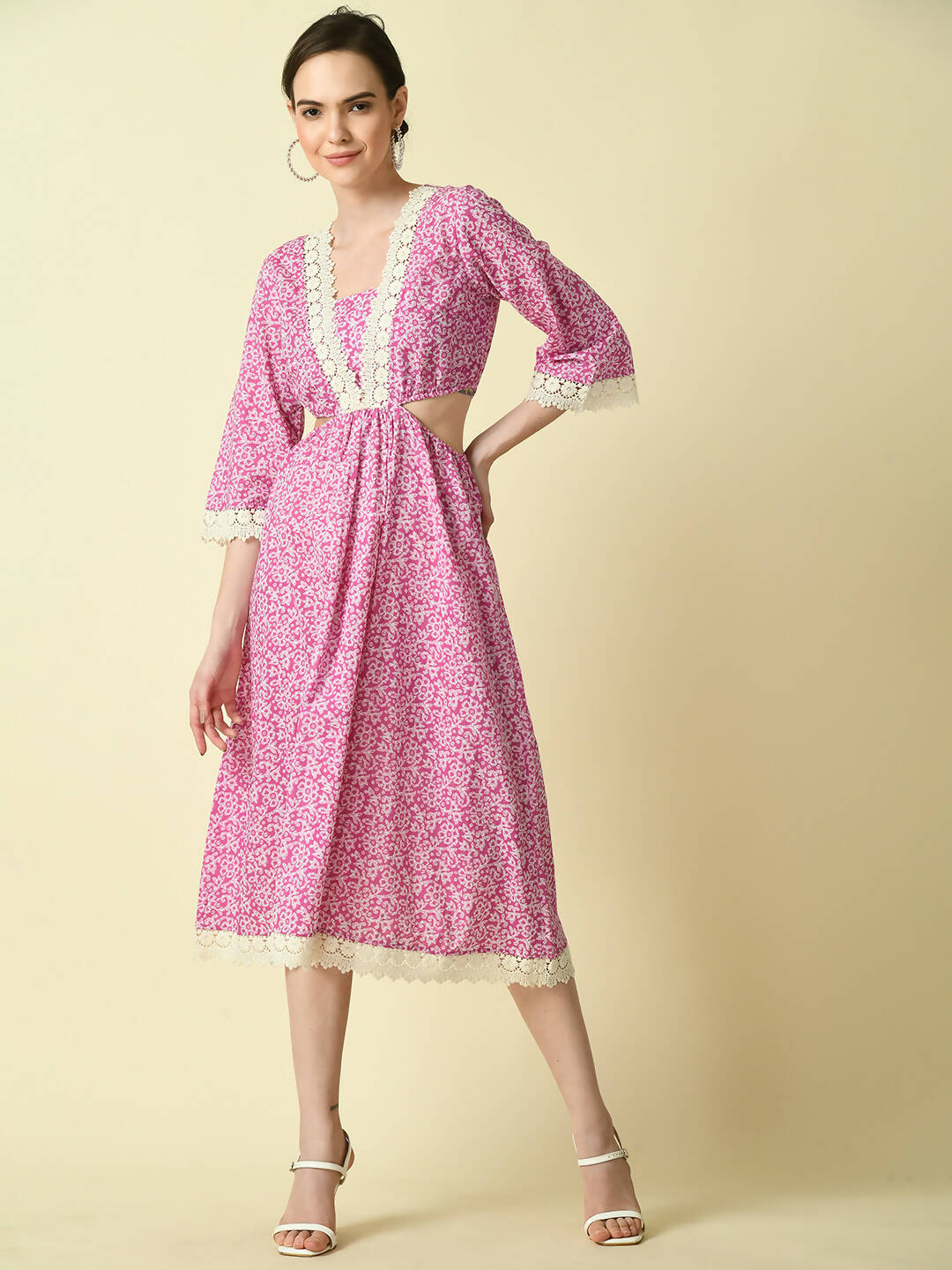 Myshka Women's Pink Floral Printed Fit and Flare Dress - Distacart