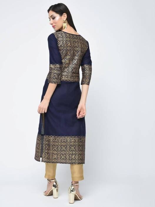 Aniyah Cotton Block Printed Navy Blue Latest Straight Kurta (AN-133K)