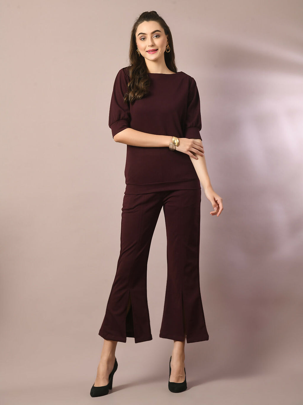 Myshka Women's Coffee Brown Solid Boat Neck Party Top With Trousers Co-ord set