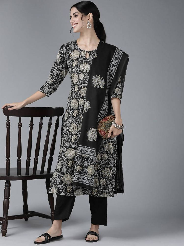 Yufta Women Black Floral Pure Cotton Kurta with Trouser & With Dupatta