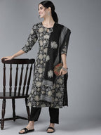 Yufta Women Black Floral Pure Cotton Kurta with Trouser & With Dupatta