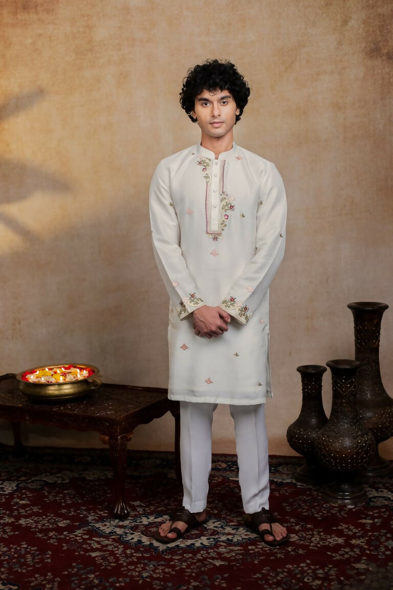 Falling Raw Silk Off White Geometric Symphony Kurta Set By Hilo Design