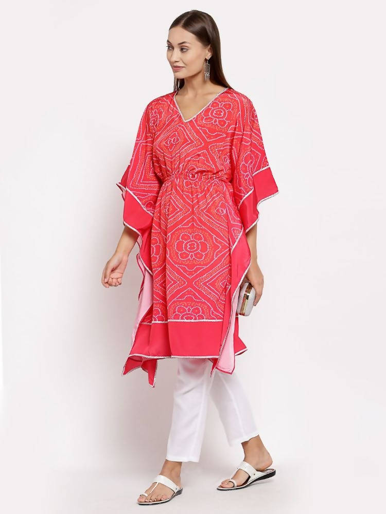 Myshka Women's Pink Cotton Printed 3/4 Sleeve V Neck Casual Kaftan