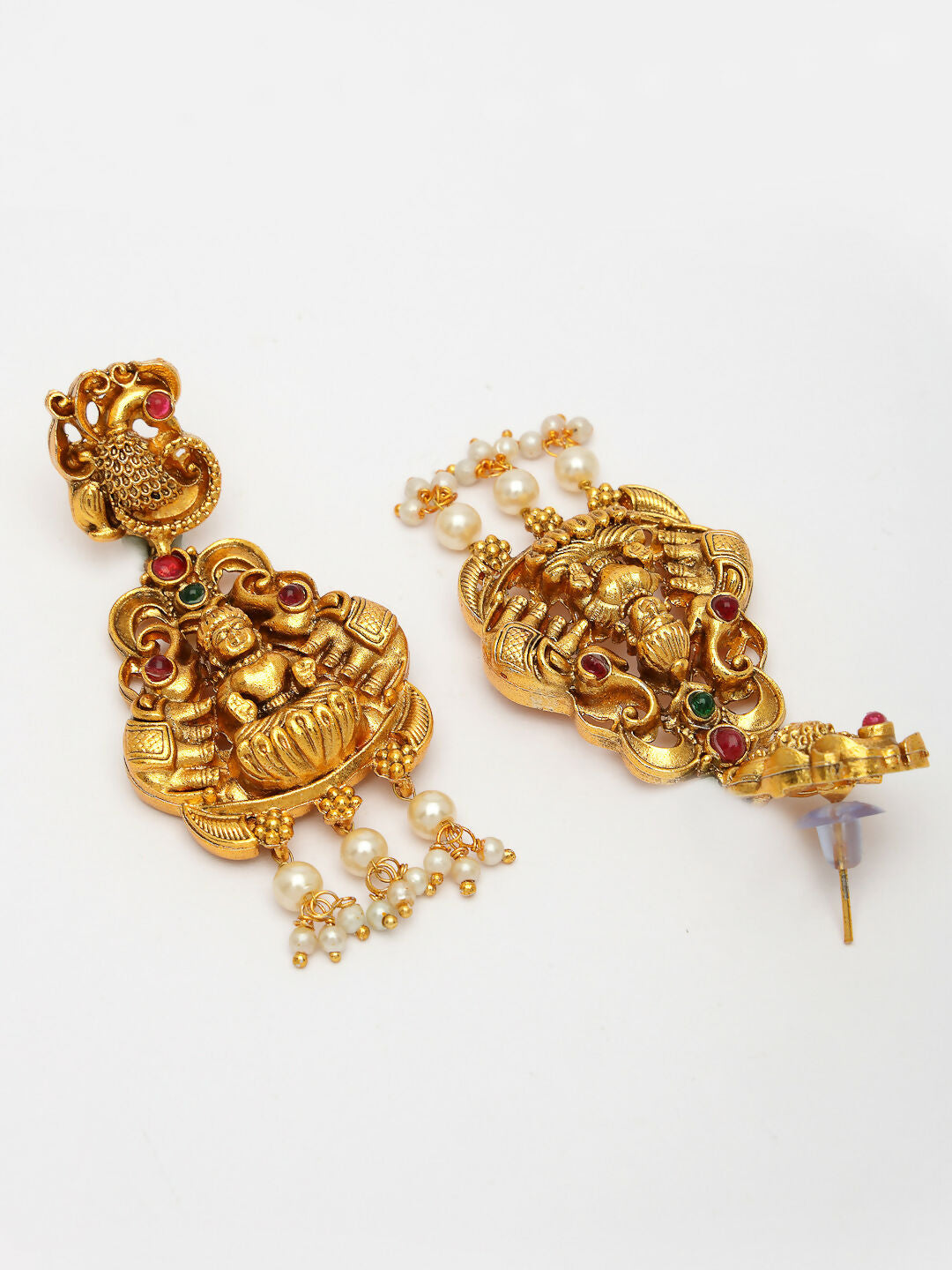 NVR Women's Set of 2 Gold-Polished Green & Red Stone Studded Lakshmi Design Temple Jewellery Set