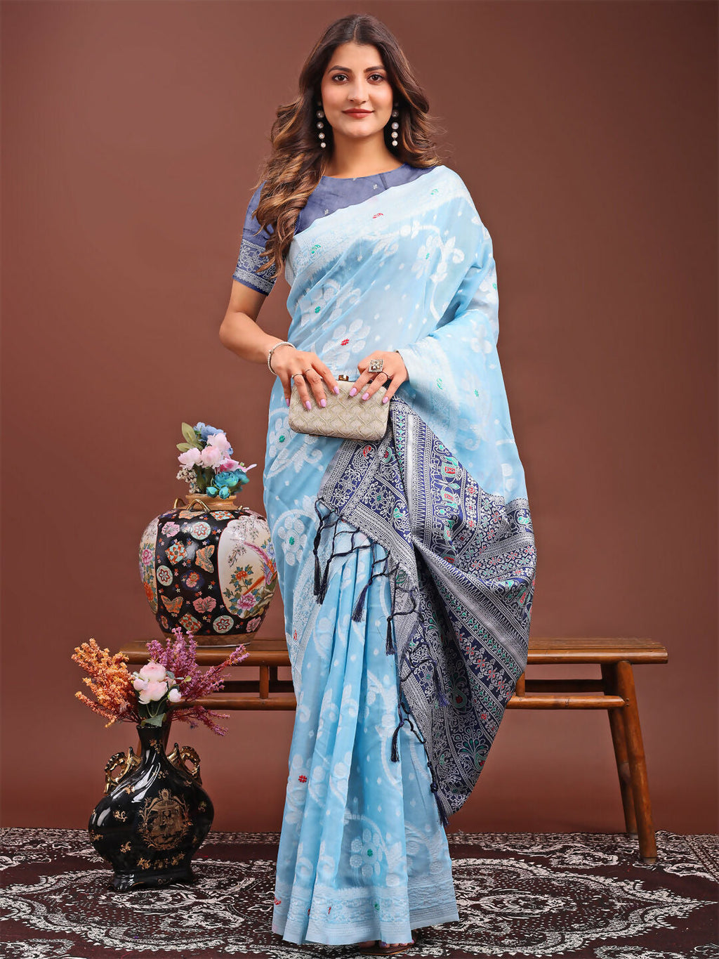Shree Shyam Fashion Anaya Sky Blue Linen Cotton Saree