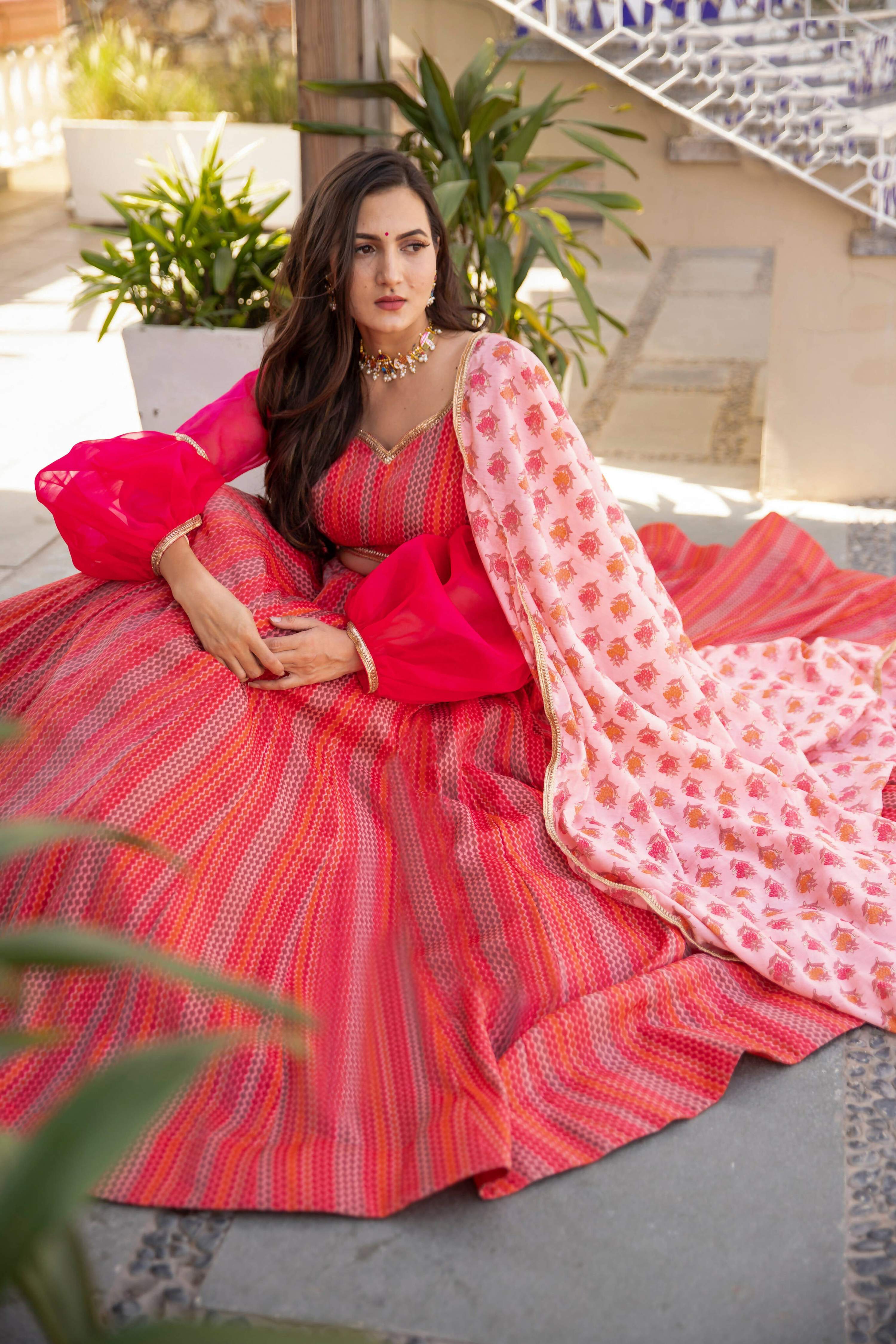 Wedding Designer Red Pink Chanderi Designer Lehenga - Anbazaar - Distacart
