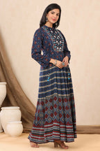 Juniper Womens Indigo Rayon Multicolor Printed Maxi Dress With Yoke Mirror Embroidery - Distacart