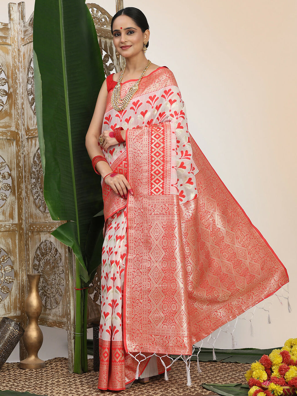 Shree Shyam Fashion Linen Cotton Red & White Saree - Distacart