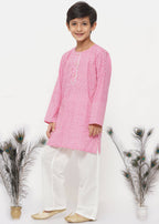 Little Bansi Boys Cotton Jaipuri Kurta with Pearl Buttons & Pyjama -Pink & Cream