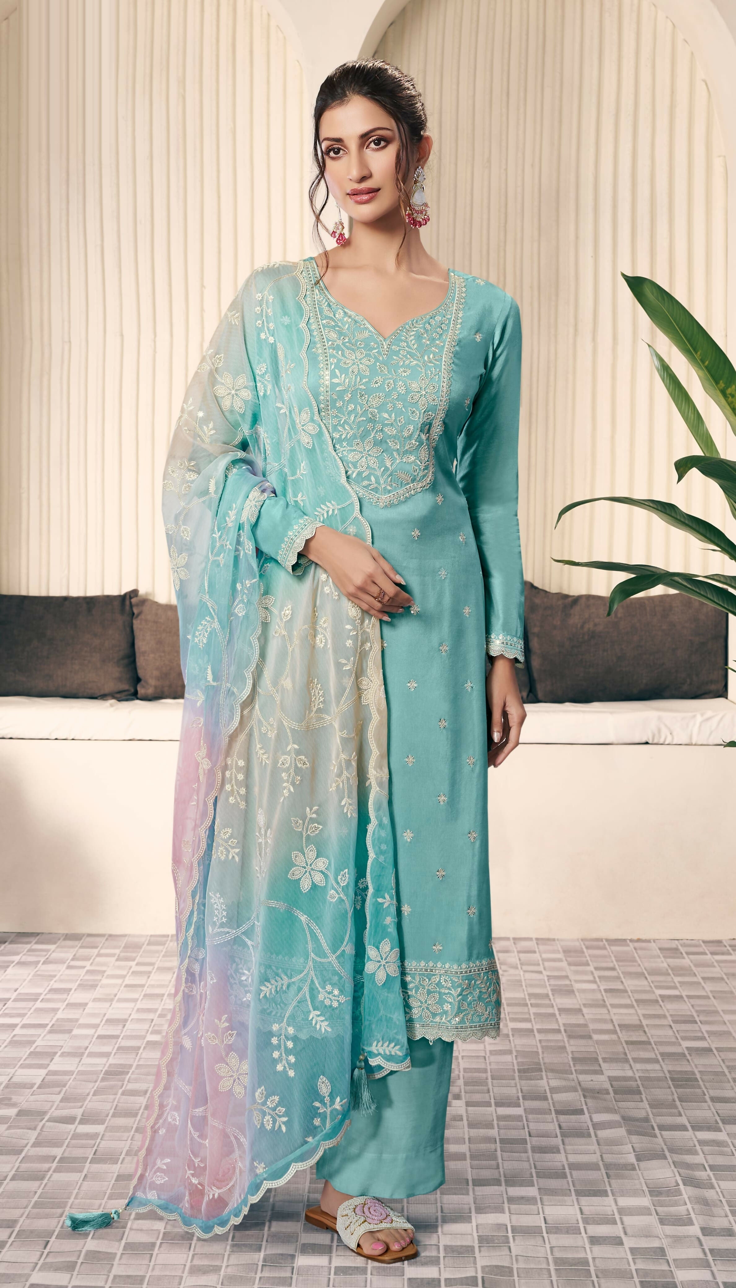 Anaita Aqua blue Embroidered Silk Stitched Salwar Suit - Distacart