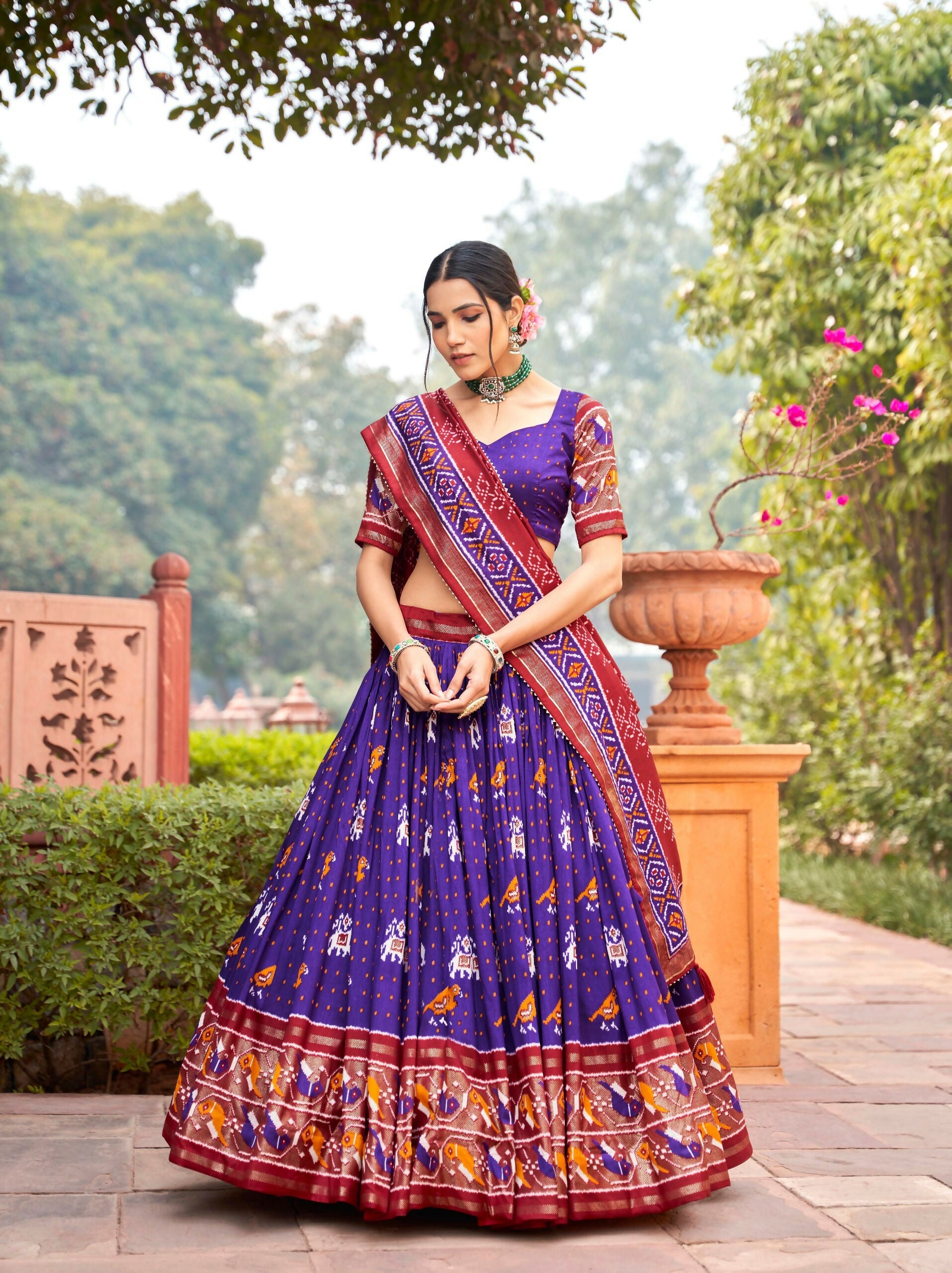 Vastranavya Patola Printed and Foil Work Tussar Silk Lehenga with Unstitched Blouse - Purple