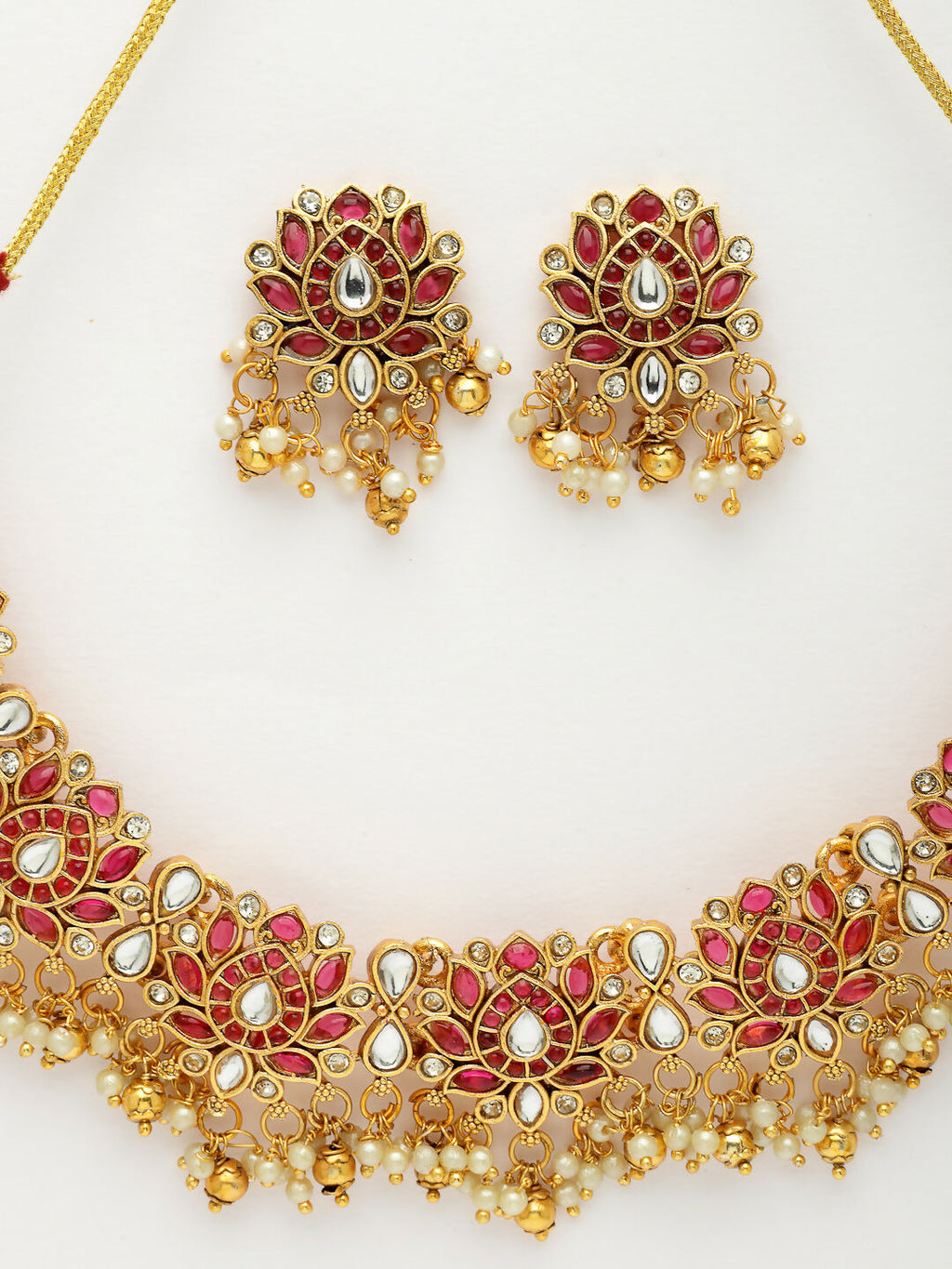 NVR Women's Gold-Polished Red Kundan- Studded & Beaded Handcrafted Temple Jewellery Set