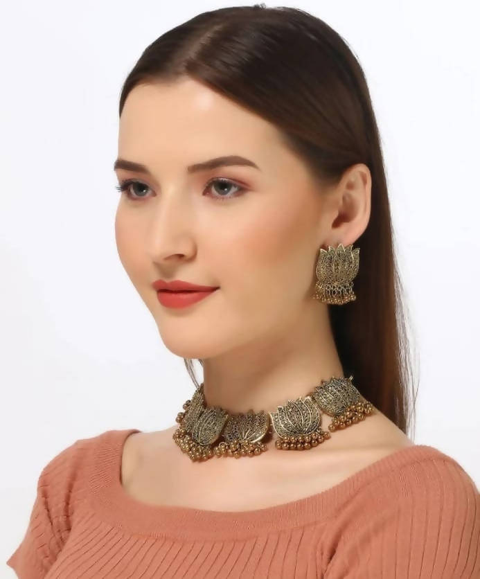 Oxidised Lotus Design Golden Color Necklace Choker Set