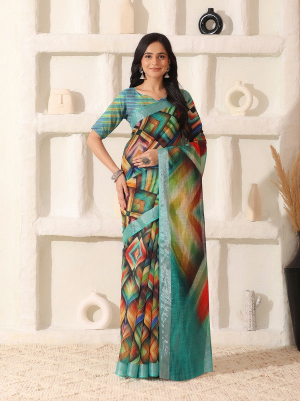 Shivam Fabrics Multi Color Linen Fabric Printed Saree - Distacart