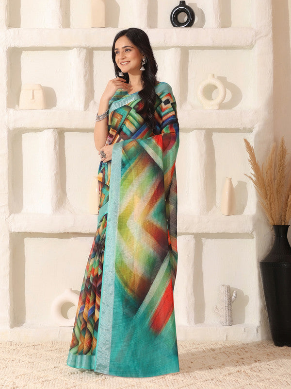 Shivam Fabrics Multi Color Linen Fabric Printed Saree - Distacart