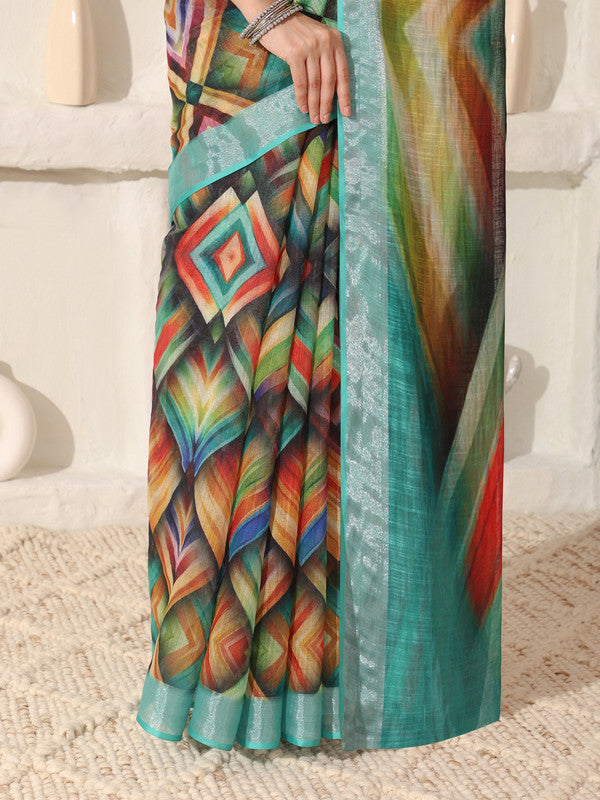 Shivam Fabrics Multi Color Linen Fabric Printed Saree - Distacart