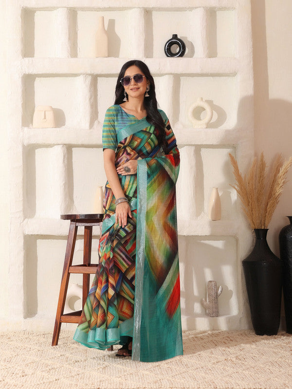 Shivam Fabrics Multi Color Linen Fabric Printed Saree - Distacart