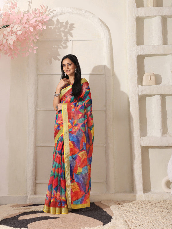 Shivam Fabrics Red Linen Fabric Printed Saree - Distacart